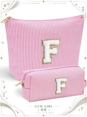 2 Pc Monogram Makeup Bag Set Polyester Wavy Stripe Travel Cosmetic Pouch
